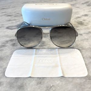 Chloe’ silver metal oversized aviator sunglasses. Retail $490